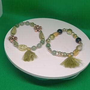 Elegant Green and Gold Beaded Bracelet Set